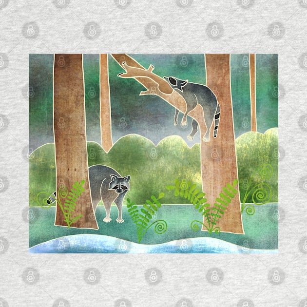 Cute Racoons in the Forest, Batik silk painting style by DragonpupLees